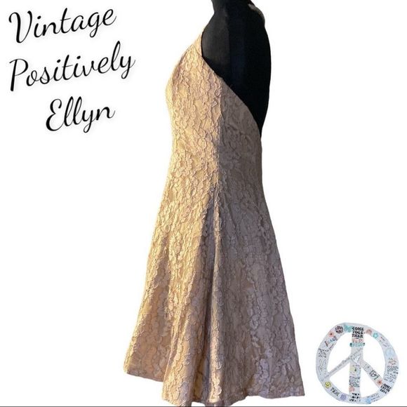 Vintage Made in USA Positively Ellyn gold lace open back halter mini dress - Picture 4 of 16
